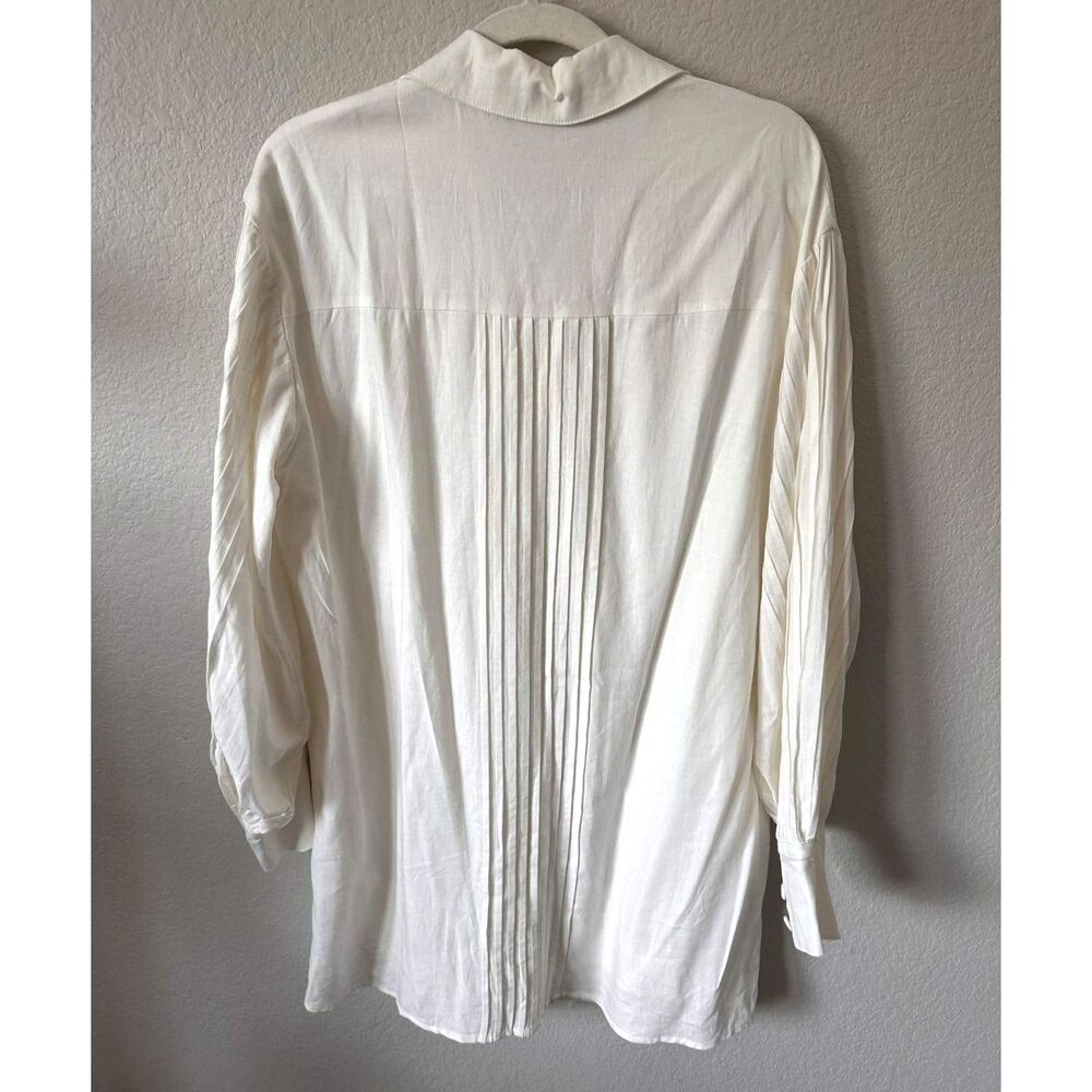 Girl & The Sun XS White Linen Blend Pleated Sleeve Mini Shirt Dress Quiet Luxury - Picture 3 of 8